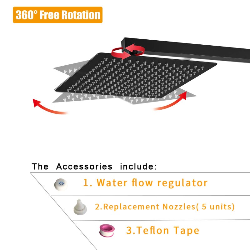 BESy رأس دش مطري BESy مقاس 10 بوصة، دش مطري مربع 10" وضغط عالي من الفولاذ المقاوم للصدأ، رقيق جداً بسمك 1/16"، تغطية كاملة للجسم مع فوهة سيليكون، تشطيب أسود غير لامع - Image 2